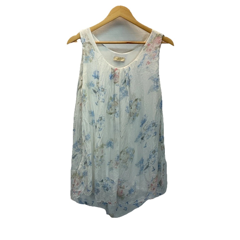 Ambra Sleeveless Ivory Floral Top Made‎ in Italy Pure Silk Sz L Tank Lined soft